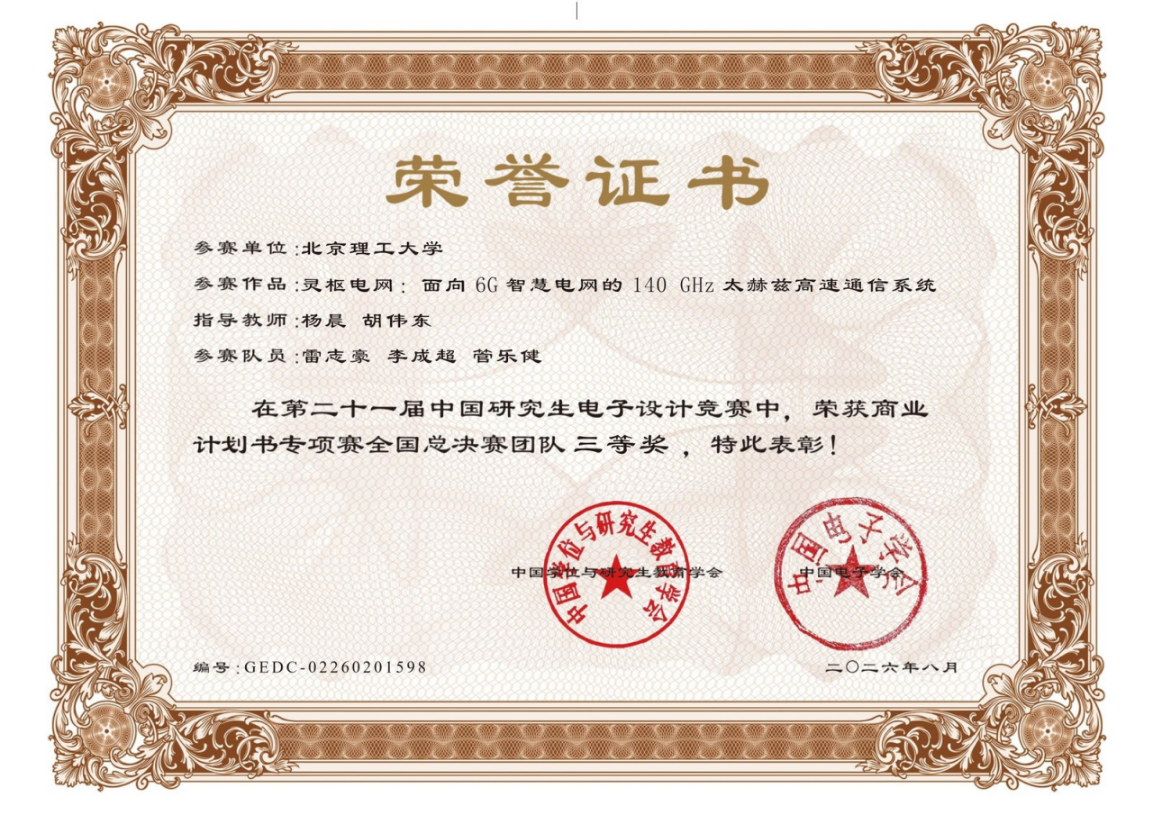 第二十一届中国研究生电子设计竞赛商业计划书专项赛全国总决赛团队三等奖证书